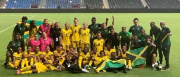 The Reggae Girlz celebrate after clinching a spot in the 2023 Women's World Cup