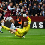 Leon Bailey shoots past David De Gea to score for Aston Villa against Manchester United