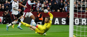 Leon Bailey shoots past David De Gea to score for Aston Villa against Manchester United