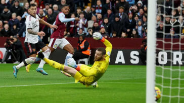 Leon Bailey shoots past David De Gea to score for Aston Villa against Manchester United