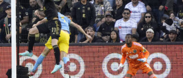 Andre Blake faces Gareth Bale header during the 2022 MLS Cup