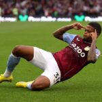 Leon Bailey celebrates after scoring a goal for Aston Villa.