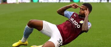 Leon Bailey celebrates after scoring a goal for Aston Villa.