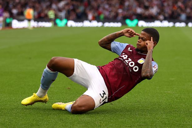 Leon Bailey celebrates after scoring a goal for Aston Villa.