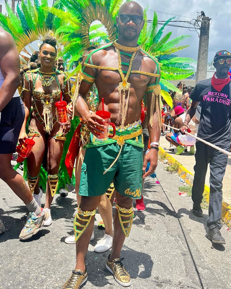 Asafa Powell and Alyshia Miller-Powell at the 2023 Jamaica Carnival Road March in Kingston.