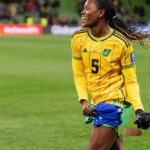 Konya Plummer celebrates after the Reggae Girlz qualify for the 2023 Women's World Cup Last 16