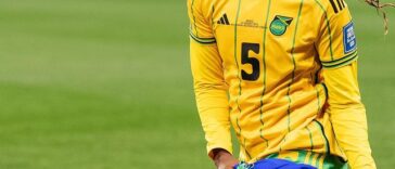 Konya Plummer celebrates after the Reggae Girlz qualify for the 2023 Women's World Cup Last 16