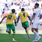 Amari'i Bell celebrates his goal for Jamaica against Guatemala at the 2023 CONCACAF Gold Cup.