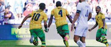 Amari'i Bell celebrates his goal for Jamaica against Guatemala at the 2023 CONCACAF Gold Cup.
