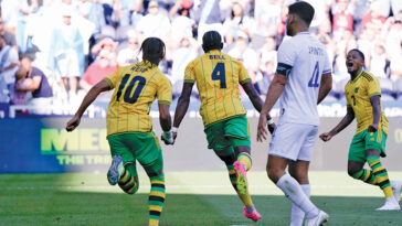 Amari'i Bell celebrates his goal for Jamaica against Guatemala at the 2023 CONCACAF Gold Cup.