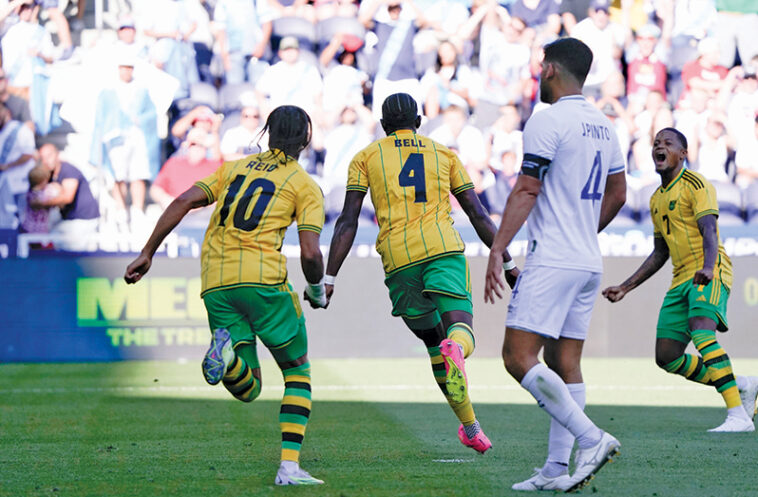 Amari'i Bell celebrates his goal for Jamaica against Guatemala at the 2023 CONCACAF Gold Cup.