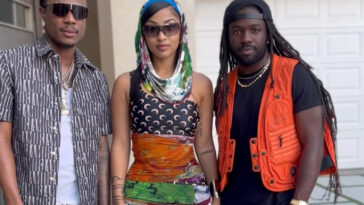 Masicka, Shenseea and Stephen Di Genius McGregor on the set of the music video for 'Hit and Run.'