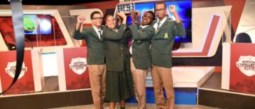 St. Jago's School's Challenge Quiz team raises the trophy after winning the 2024 final vs. Calabar High School