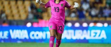 Rebecca Spencer celebrates as Jamaica scores in the CONCACAF W Championship in Mexico.