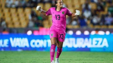 Rebecca Spencer celebrates as Jamaica scores in the CONCACAF W Championship in Mexico.