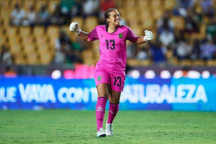 Rebecca Spencer celebrates as Jamaica scores in the CONCACAF W Championship in Mexico.