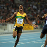 Yohan Blake celebrates after winning the world men's 100m title at Daegu 2011.