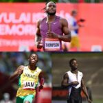 Kishane Thompson (top), Oblique Seville (left) and Ackeem Blake (right) competing for Team Jamaica