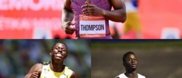 Kishane Thompson (top), Oblique Seville (left) and Ackeem Blake (right) competing for Team Jamaica