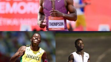 Kishane Thompson (top), Oblique Seville (left) and Ackeem Blake (right) competing for Team Jamaica