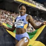 Elaine Thompson Herah celebrating after winning a meet in Brussels, Belgium.