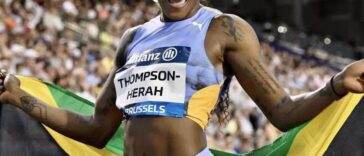 Elaine Thompson Herah celebrating after winning a meet in Brussels, Belgium.