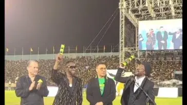 Beenie Man and Bounty Killer celebrate receiving citations from Prime Minister Andrew Holness at the Jamaica Grand Gala.