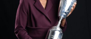 Khadija Shaw holds her 2023/24 PFA Women's Player of the Year award.