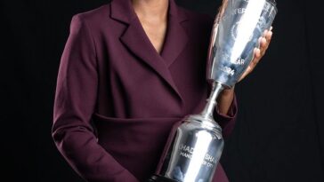 Khadija Shaw holds her 2023/24 PFA Women's Player of the Year award.