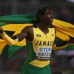 Antonio Watson celebrates after winning the men's 400m title at the 2023 IAAF World Championships in Budapest, Hungary.