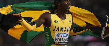 Antonio Watson celebrates after winning the men's 400m title at the 2023 IAAF World Championships in Budapest, Hungary.