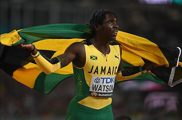 Antonio Watson celebrates after winning the men's 400m title at the 2023 IAAF World Championships in Budapest, Hungary.