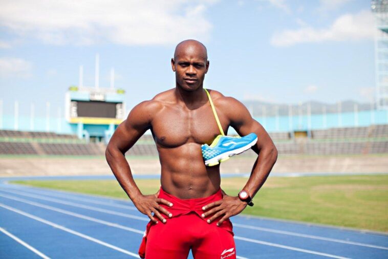 Asafa Powell models on the track.