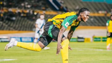 Warner Brown celebrates scoring a goal against Guatemala in 2026 World Cup qualifying.