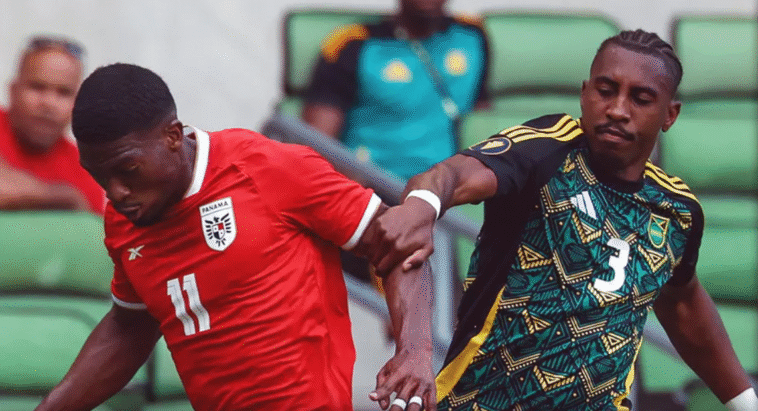 A'Mari bell competes for the Ball during Jamaica's 2025 Gold Cup match against Panama.