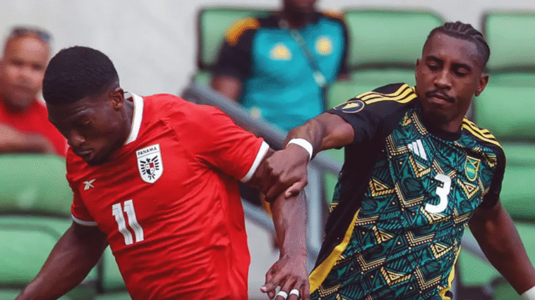 A'Mari bell competes for the Ball during Jamaica's 2025 Gold Cup match against Panama.