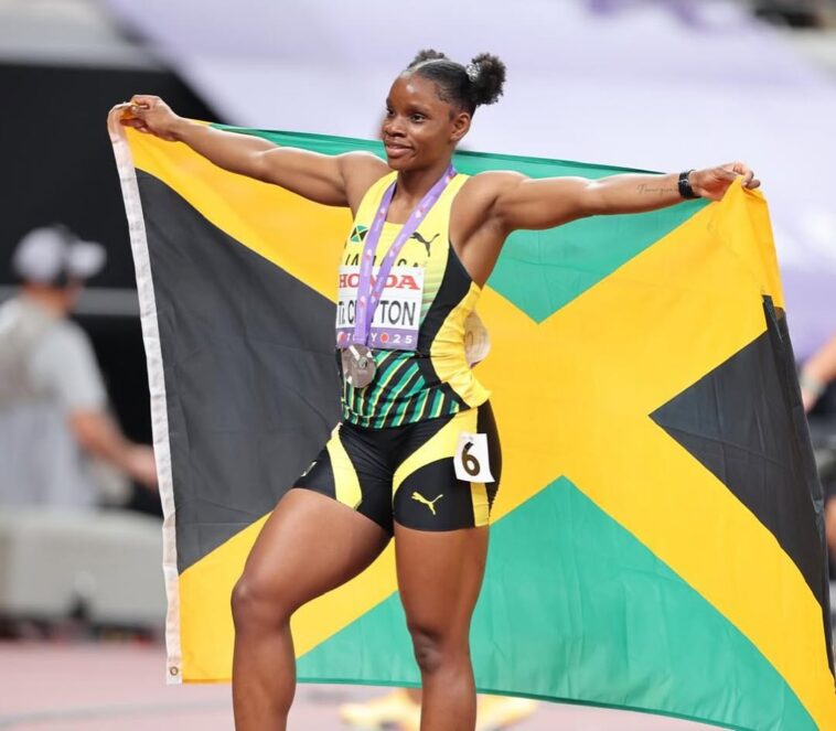 Tina Clayton celebrates after winning the silver medal in the women's 100m at the 2025 IAAF World Championships.