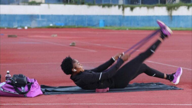 Elaine Thompson Herah trains as she prepares for the 2026 track and field season.