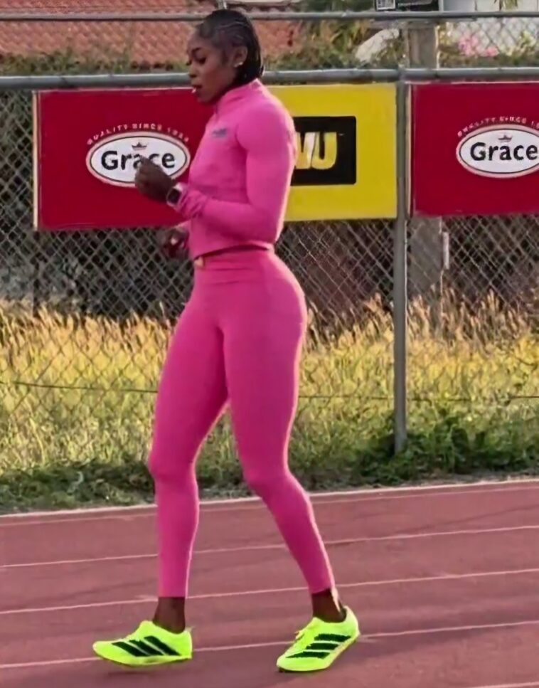 Elaine Thompson Herah warms up before her 2026 season debut at the Camperdown Classic