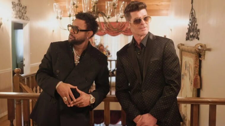 Shaggy and Robin Thicke look sharp in the music video for "Looking Lovely."