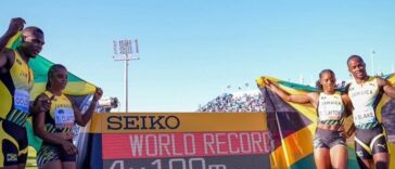 Team Jamaica's Kadrian Goldson, Tina Clayton, Tia Clayton and Ackeem Blake celebrate Jamaica's world record run in the mixed 4x100m relay at the 2026 World Relays in Botswana.