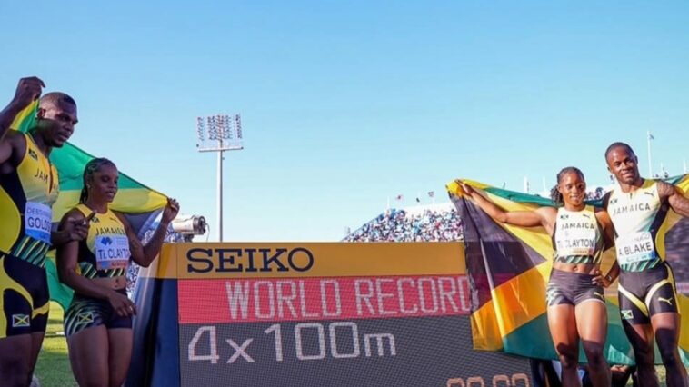 Team Jamaica's Kadrian Goldson, Tina Clayton, Tia Clayton and Ackeem Blake celebrate Jamaica's world record run in the mixed 4x100m relay at the 2026 World Relays in Botswana.