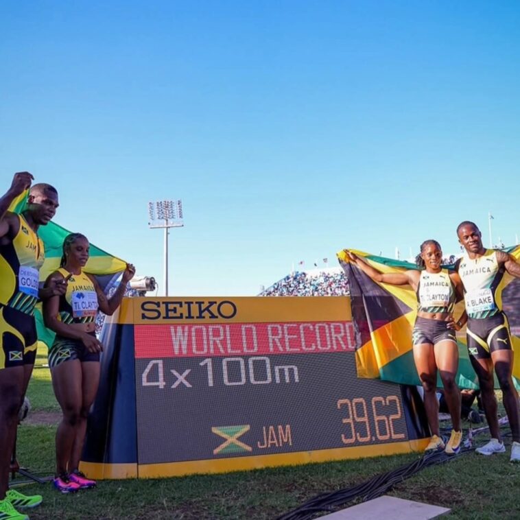 Team Jamaica's Kadrian Goldson, Tina Clayton, Tia Clayton and Ackeem Blake celebrate Jamaica's world record run in the mixed 4x100m relay at the 2026 World Relays in Botswana.