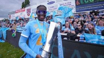 Khadija Shaw lifts the Barclays Women's Super League title on May 16, 2026.