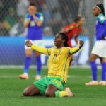 Khadija Shaw celebrates Jamaica's progress to the Round of 16 at the 2023 FIFA Women's World Cup
