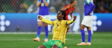 Khadija Shaw celebrates Jamaica's progress to the Round of 16 at the 2023 FIFA Women's World Cup