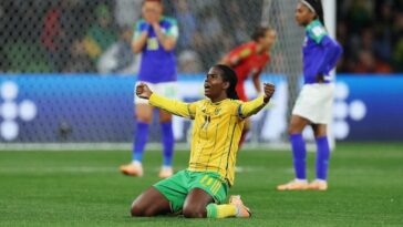 Khadija Shaw celebrates Jamaica's progress to the Round of 16 at the 2023 FIFA Women's World Cup