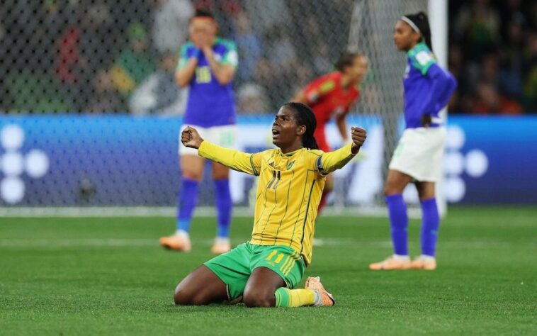 Khadija Shaw celebrates Jamaica's progress to the Round of 16 at the 2023 FIFA Women's World Cup