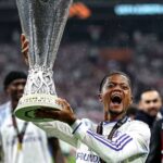 Aston Villa's Leon Bailey lifts the Europa League, his first major trophy win.