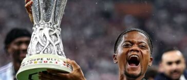 Aston Villa's Leon Bailey lifts the Europa League, his first major trophy win.